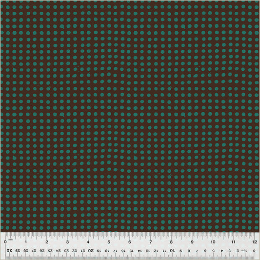 Dots pattern. Truffle/China Blue color. gray background with teal dots in rows throughout.
