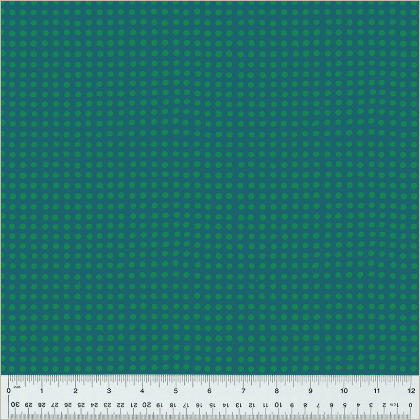 Dots pattern. Kelp/Evergreen color. Teal background with green dots in rows throughout.