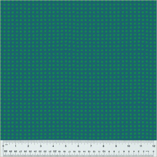Dots pattern. Kelp/Evergreen color. Teal background with green dots in rows throughout.