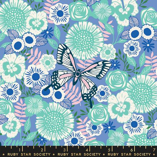 mint and pink flowers on blue with butterfly