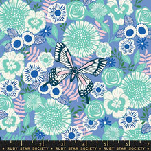 Load image into Gallery viewer, mint and pink flowers on blue with butterfly