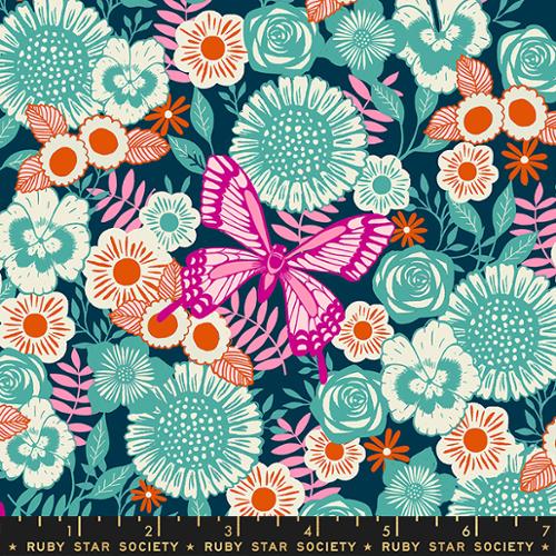 mint and orange flowers on teal with pink butterfly