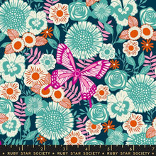 Load image into Gallery viewer, mint and orange flowers on teal with pink butterfly