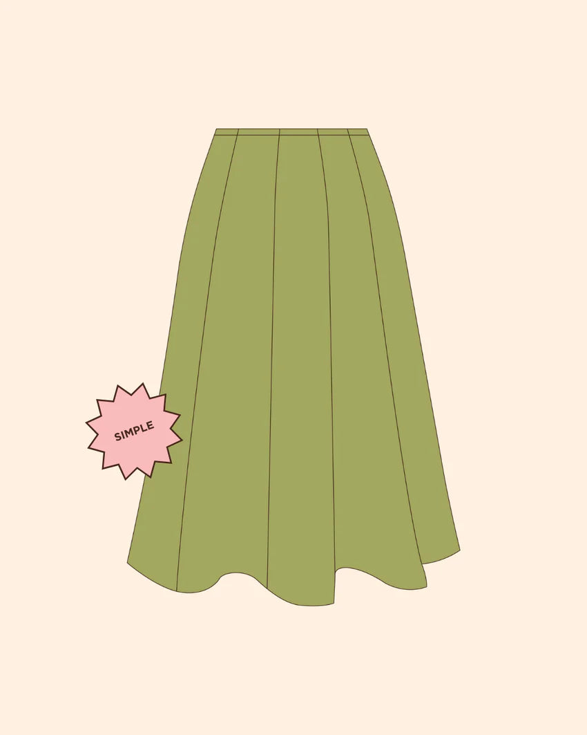 Line drawing of a green skirt with the word Simple in a pink bubble
