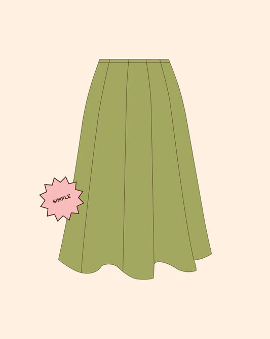 Line drawing of a green skirt with the word Simple in a pink bubble