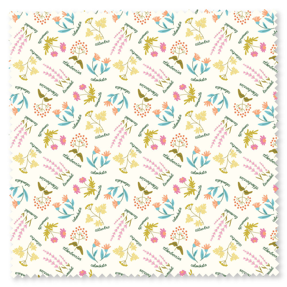 white fabric with brightly colored herbs and green cursive writing 
