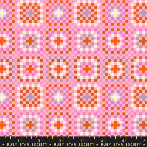 granny square design on pink with orange