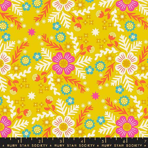 funky colorful retro flowers on yellow