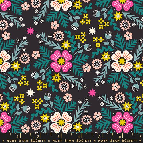funky colorful retro flowers on soft black
