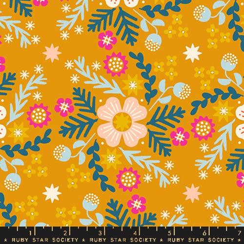 funky retro floral print on yellow fabric
