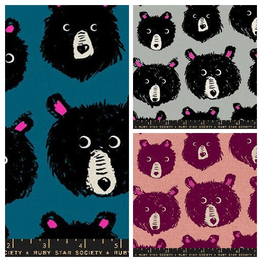  3 variatons on a bear print in blue, grey and plum