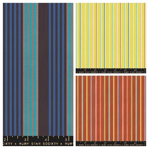 3 multicolored stripes, blues, yellows, maples