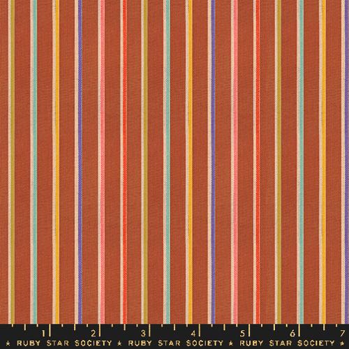 rust orange background with white, blue, dark yellow, pink, teal, and reddish stripes spaced out evenly across the yellow background