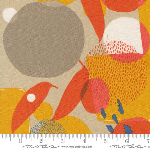 Colorful fabric pattern with abstract shapes and a ruler for scale, featuring Moda Fabrics branding.