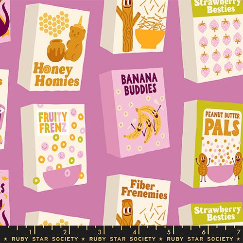 Pattern of colorful product packages with text and graphics on a purple background, featuring brands like Ruby Star Society.
