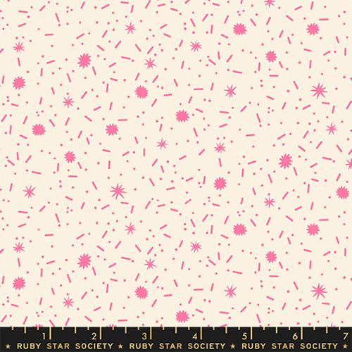 Patterned fabric with pink stars and lines on a beige background, featuring Ruby Star Society label.