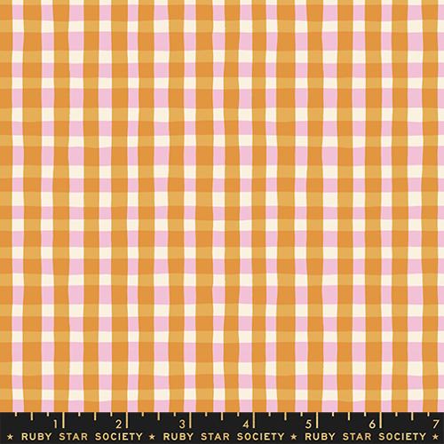 Checkered fabric pattern with orange and pink squares, Ruby Star Society label at the bottom.