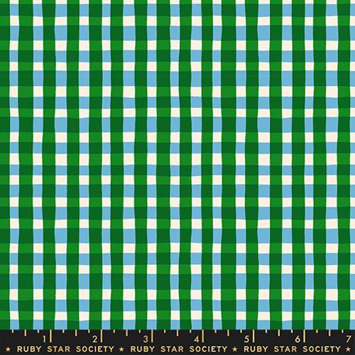 Green, blue, and white checkered fabric with a ruler at the bottom