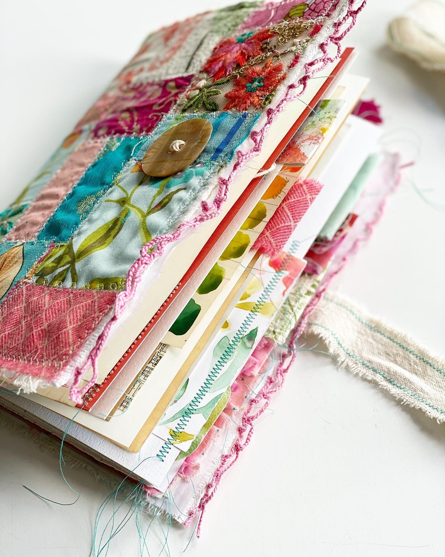 scrappy fabric covered journal in pinks