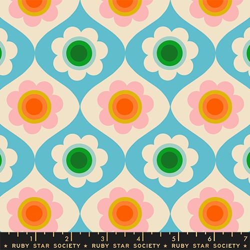 Patterned fabric with flowers and geometric shapes on a blue background, featuring Ruby Star Society branding.