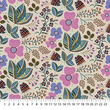 Floral pattern with colorful flowers and leaves on a beige background