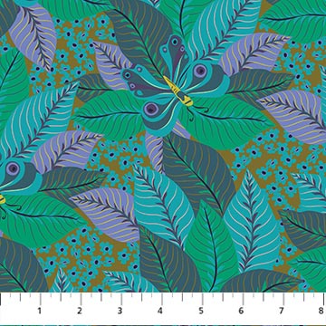 Fabric with a pattern of butterflies and leaves on a green background