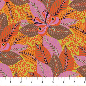 Colorful butterfly and leaf pattern on a fabric swatch with a ruler at the bottom.