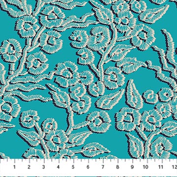 Teal fabric with white floral embroidery pattern