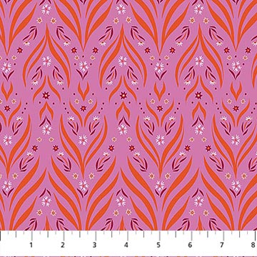 Pink fabric with orange abstract patterns and white stars on a pink background