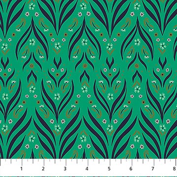 Patterned fabric with black and white design on a green background