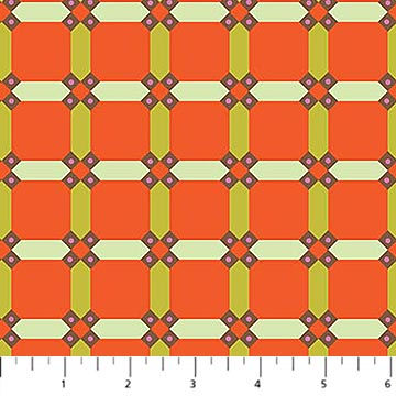 Geometric pattern fabric with orange, green, and brown colors on a white background.
