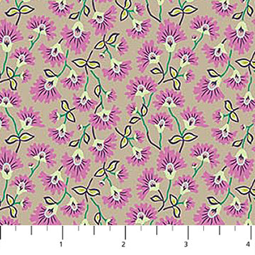Pattern of pink flowers with green leaves on a beige background