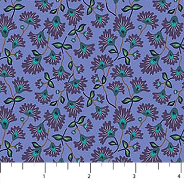 Floral pattern with purple flowers and green leaves on a blue background