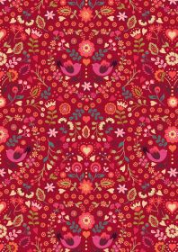 red quilting fabric with little pink birds and small flowers