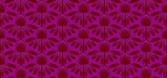 sideview of cornflowers as a repeating pattern. background is vivid pink and flowers are reddish