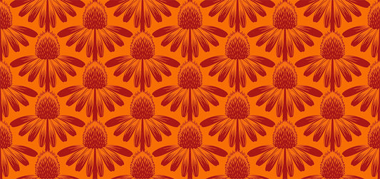 sideview of cornflowers as a repeating pattern. background is bright orange and flowers are burnt orange