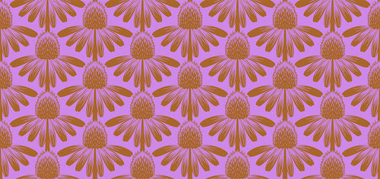 sideview of cornflowers as a repeating pattern. background is light purple-pink and flowers are light brown