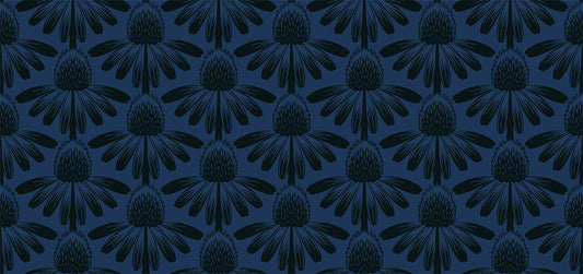 sideview of cornflowers as a repeating pattern. background is blue-gray and flowers are blackish-green