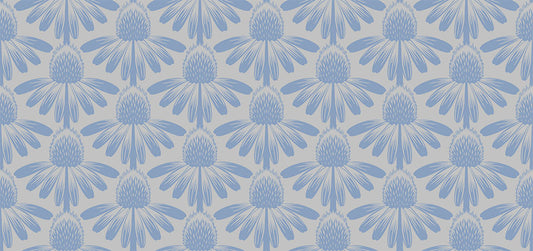 sideview of cornflowers as a repeating pattern. background is white and flowers are pastel blue