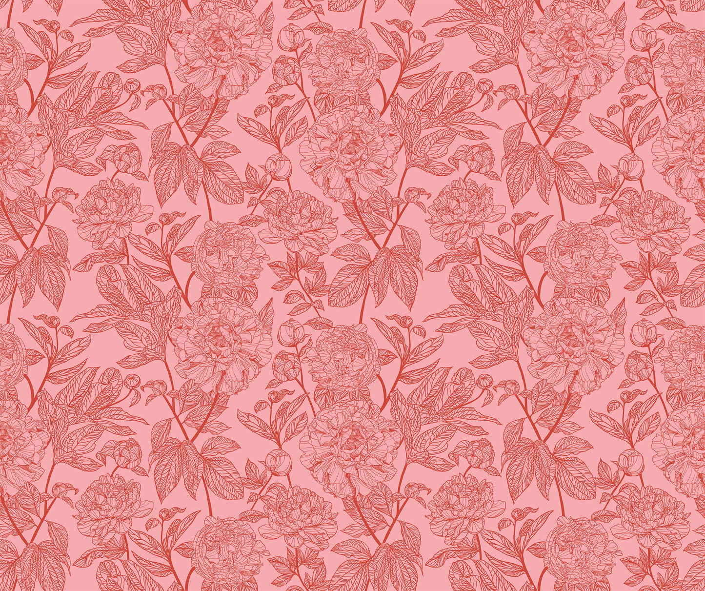 light pink background and red flower and leaf detail. the design is of a thin branch of flowers and leaves, repeating throughout the print. 