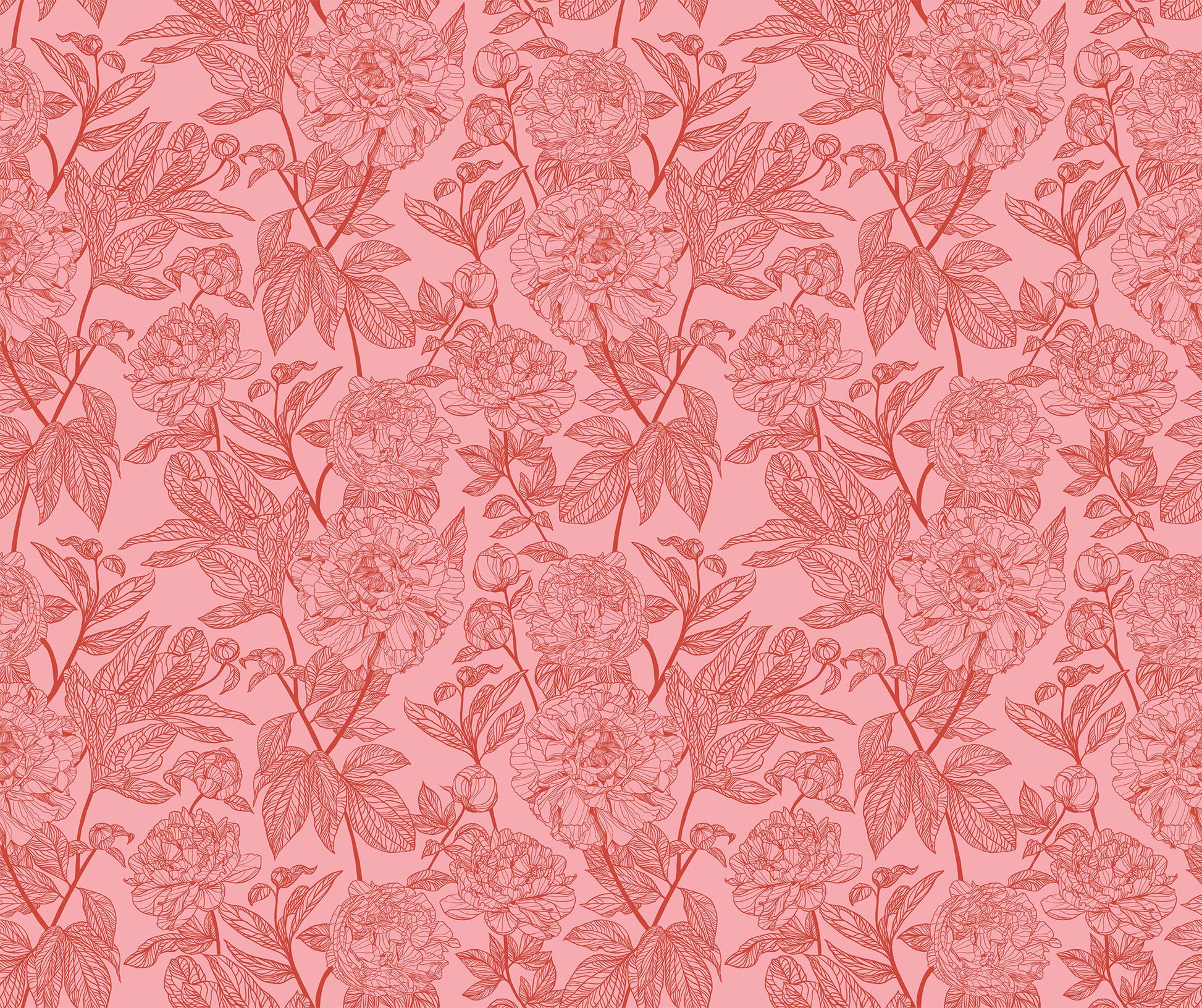 light pink background and red flower and leaf detail. the design is of a thin branch of flowers and leaves, repeating throughout the print. 