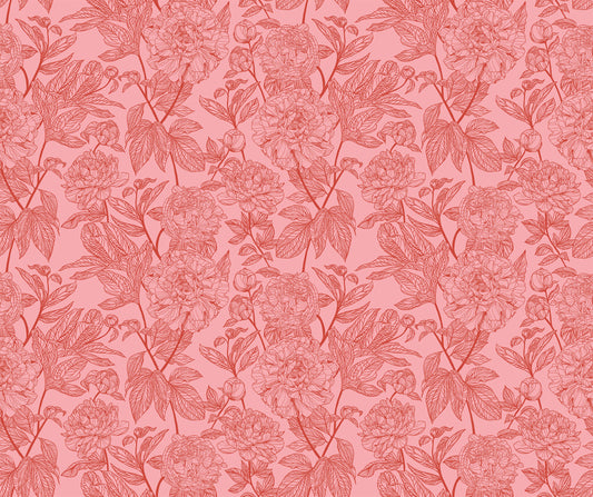 light pink background and red flower and leaf detail. the design is of a thin branch of flowers and leaves, repeating throughout the print. 