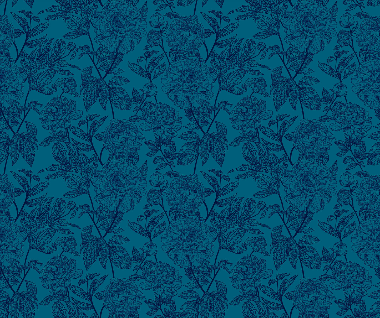 light blue background and dark blue flower and leaf detail. the design is of a thin branch of flowers and leaves, repeating throughout the print. 