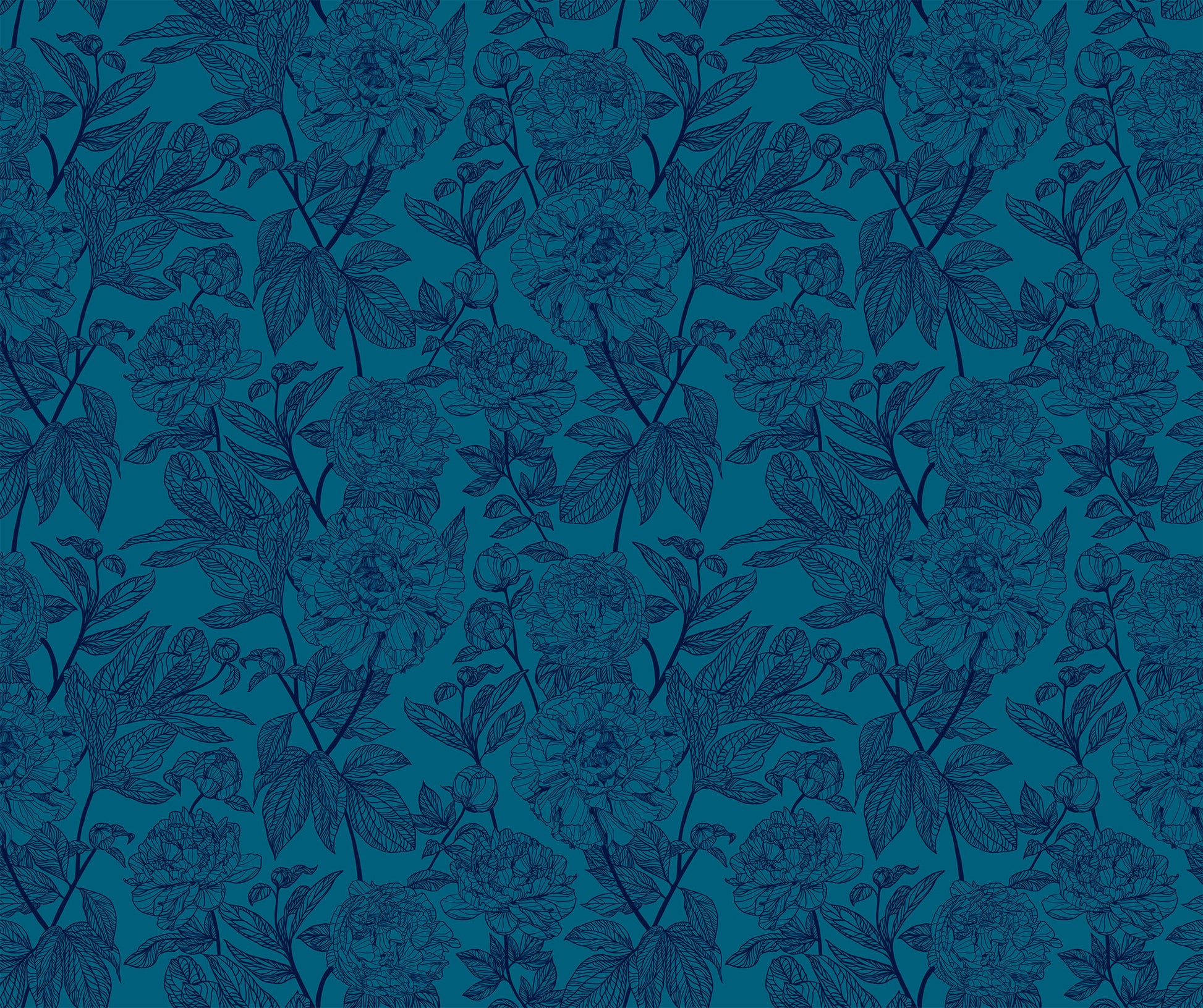 light blue background and dark blue flower and leaf detail. the design is of a thin branch of flowers and leaves, repeating throughout the print. 