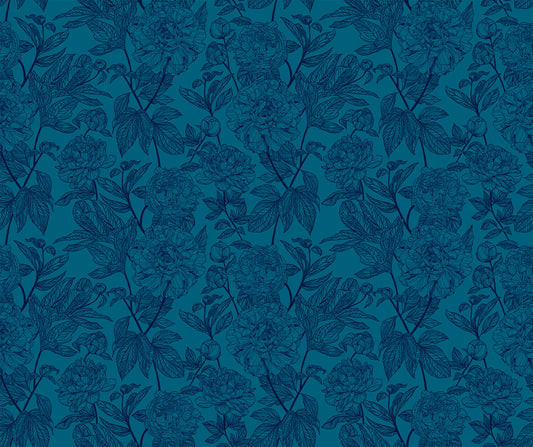 light blue background and dark blue flower and leaf detail. the design is of a thin branch of flowers and leaves, repeating throughout the print. 