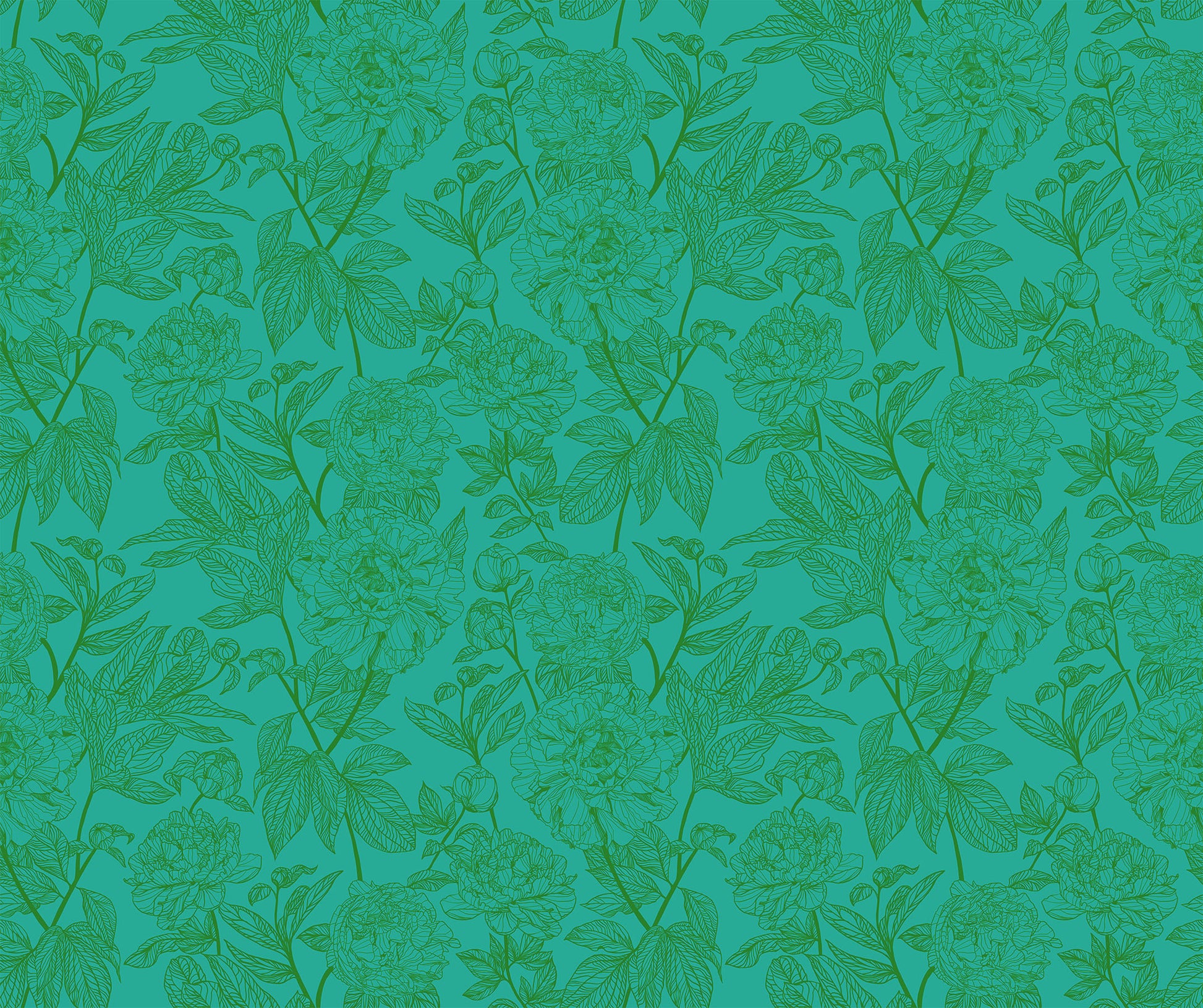 light green-blue background and dark green flower and leaf detail. the design is of a thin branch of flowers and leaves, repeating throughout the print. 