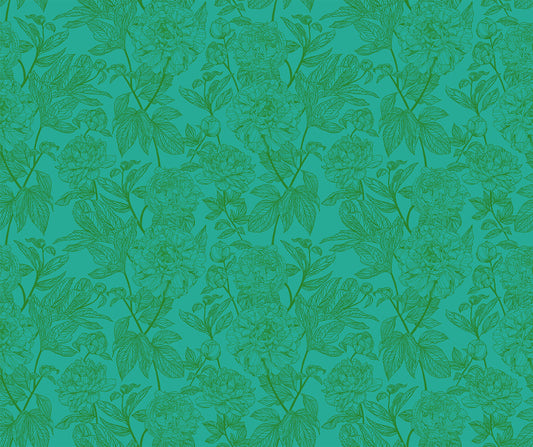 light green-blue background and dark green flower and leaf detail. the design is of a thin branch of flowers and leaves, repeating throughout the print. 
