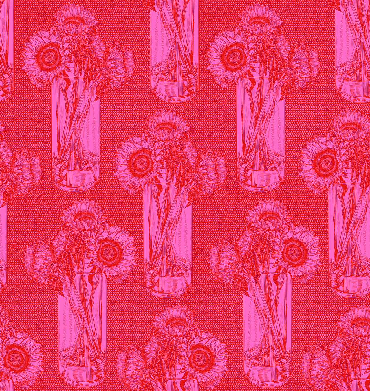 sunflowers in a vase. vase and flowers repeat throughout the print. hot pink background color with pink details.