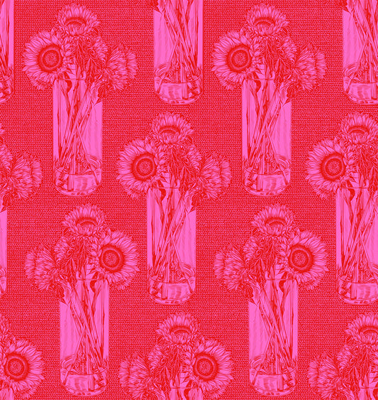 sunflowers in a vase. vase and flowers repeat throughout the print. hot pink background color with pink details.