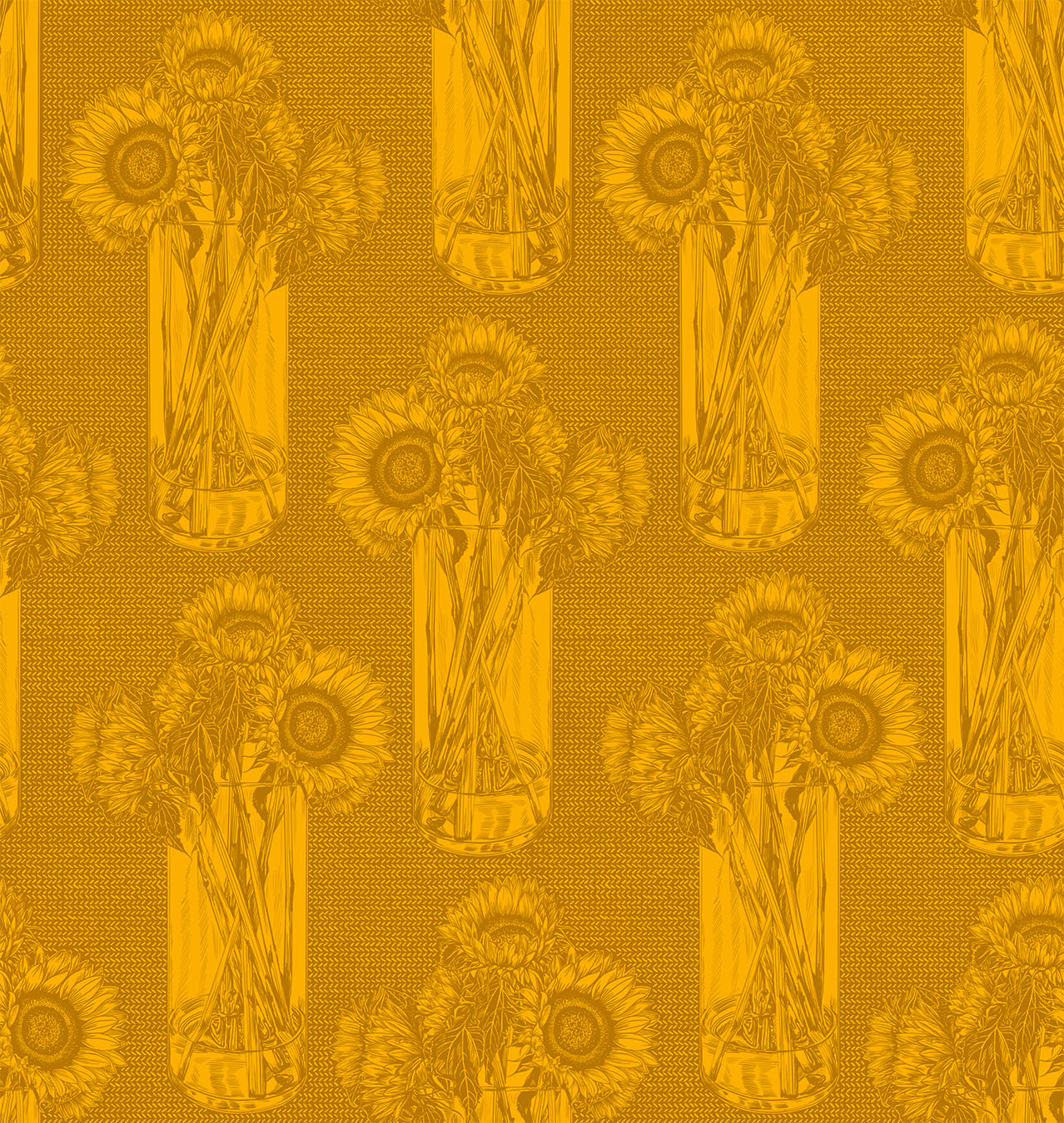 sunflowers in a vase. vase and flowers repeat throughout the print. dark yellow background color with yellow details.